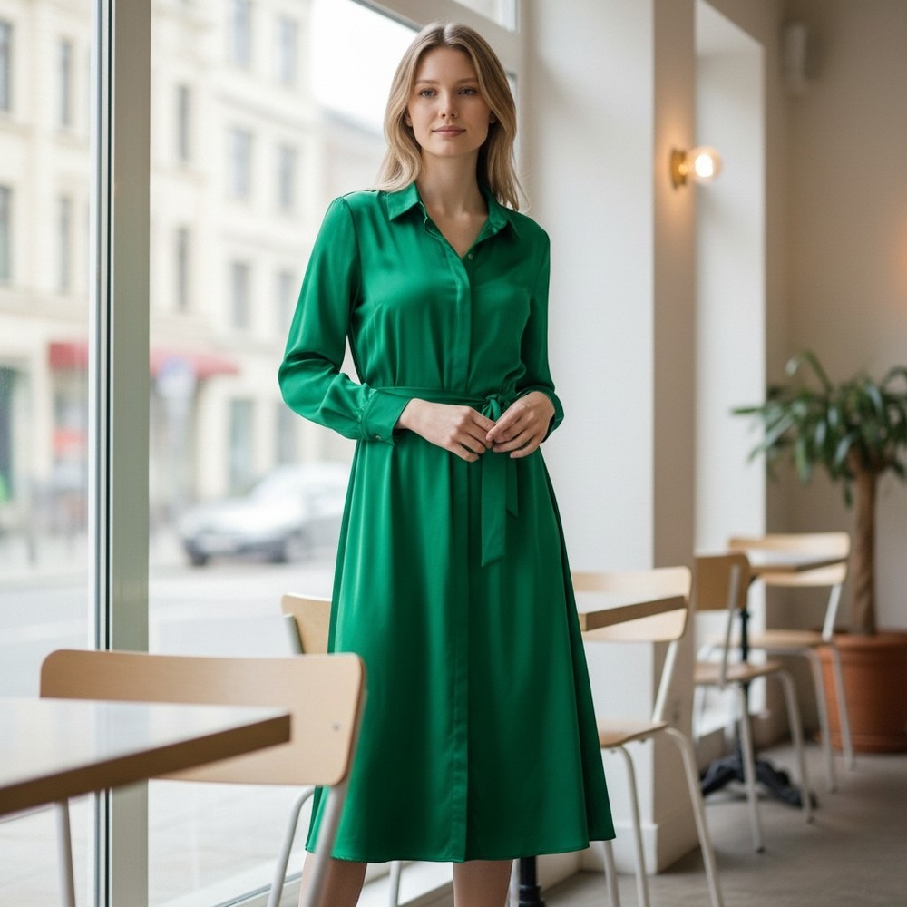 Ann Taylor Green Long-Sleeve Shirt Dress with Tie Waist